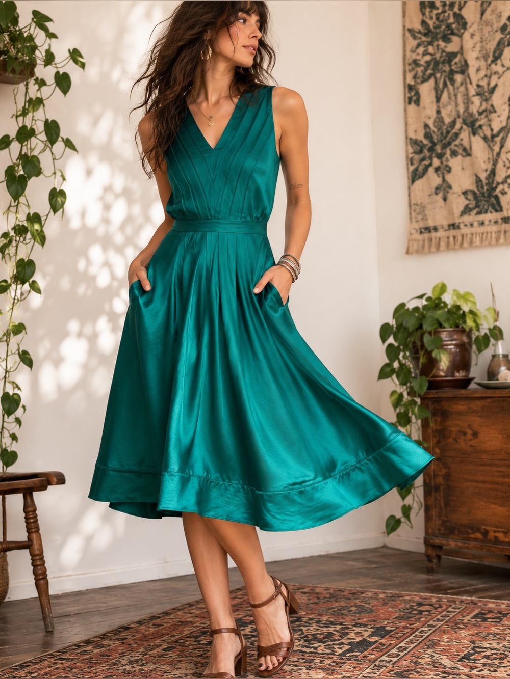 Banana Republic 12 Tall Satin Green V Neck Midi Dress w Pockets